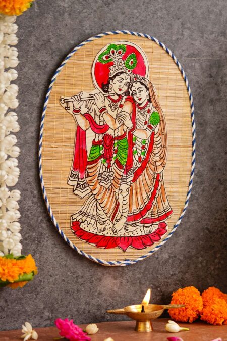 Oval Shaped Design Bamboo Hand Crafted Wall Hangings Of Krishna Ji With Radha Ji For Home Decor | Bamboo Art For Wall Decor