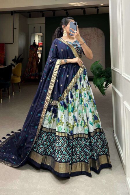 Women's Luxurious Tussar Silk Lehenga Choli with Intricate Prints & Can-Can Flair